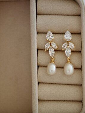 Bridal Diamond Freshwater Pearl Earrings, Silver Crystal Leaf Drop Earrings